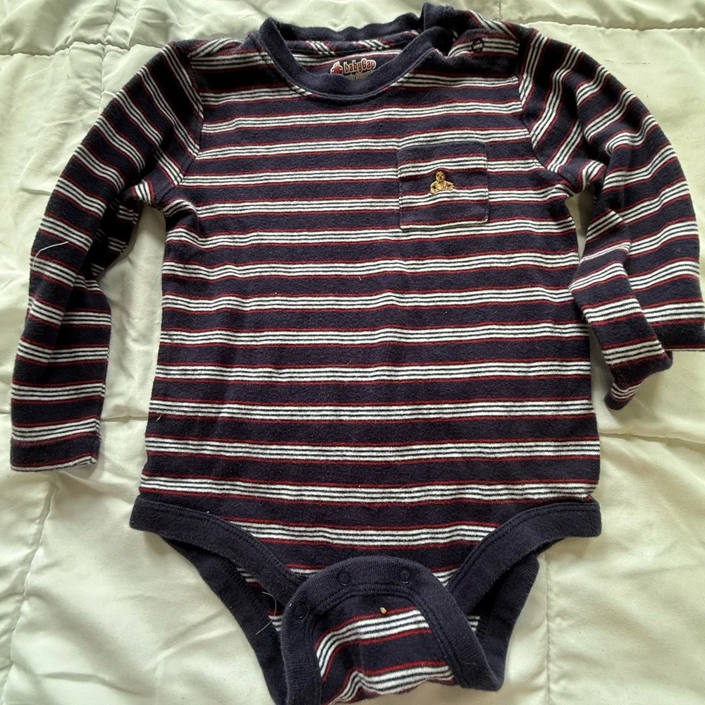 Gap Baby Boy Navy Blue, Red & White Striped Cotton Onesie Long Sleeve Tee